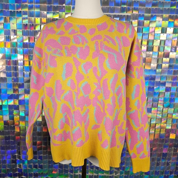 Sweaters - Abstract Animal Print Sweater Womens M Bright Yellow Pink Knit Giraffe Dopamine